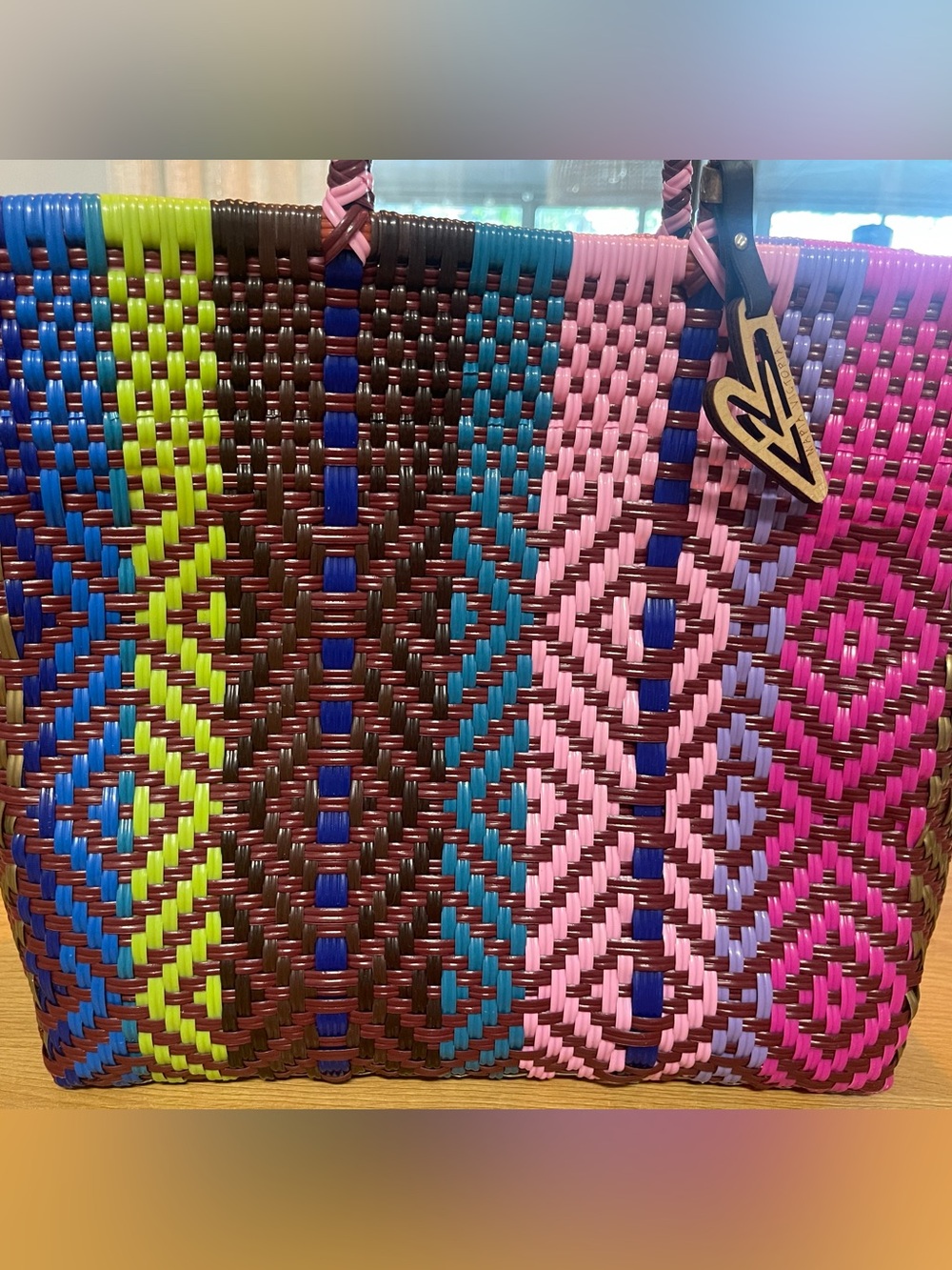 Handwoven Multicolor Tote Bag with Pink Handles - Picture 3 of 6